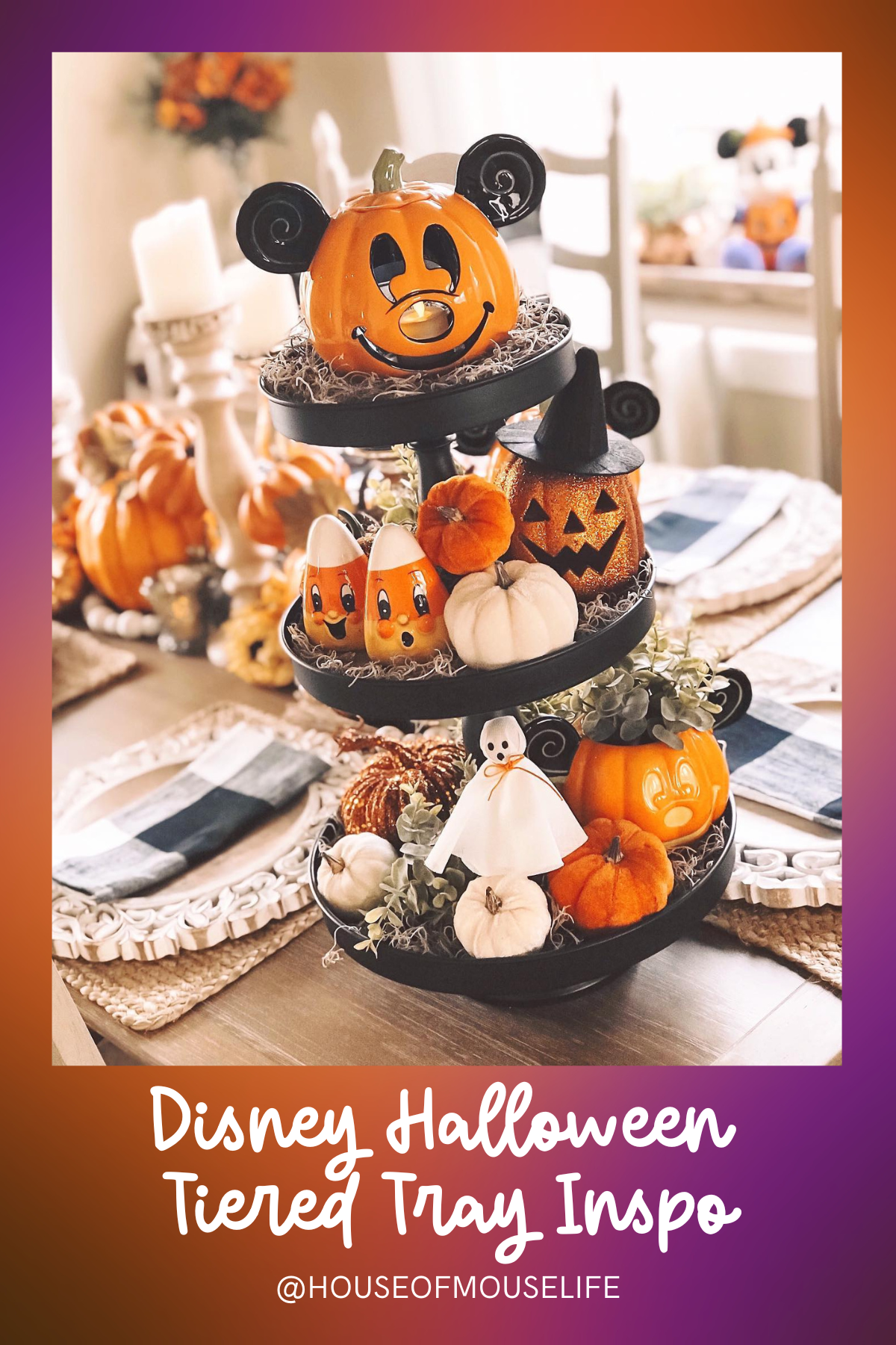 Farmhouse Halloween Vibes: A perfect combination of cute pumpkins, candy corn, and ghostly figurines paired with a Mickey pumpkin makes this tray a cozy and inviting fall centerpiece.