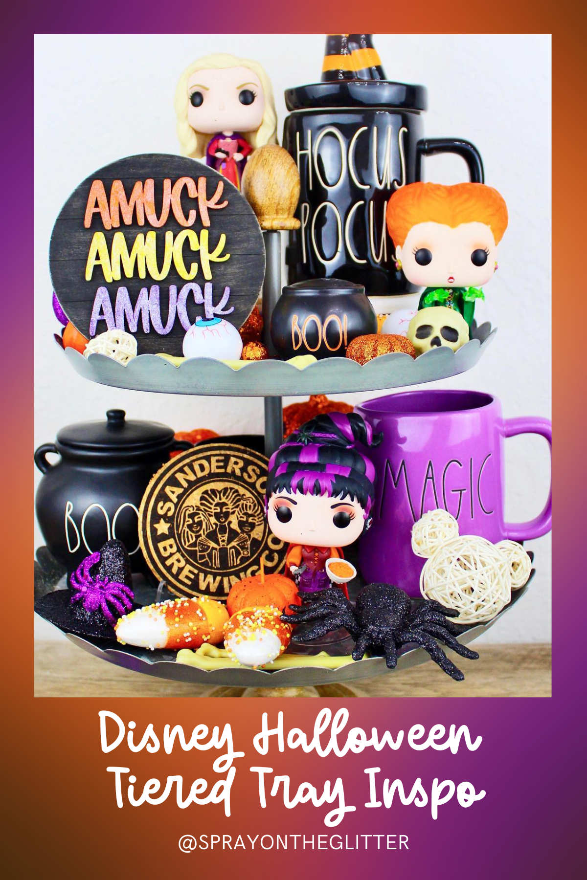 Amuck with Fun: This tray is a colorful tribute to Hocus Pocus, with mini cauldrons, spell books, and festive treats that capture the playful chaos of the Sanderson Sisters.