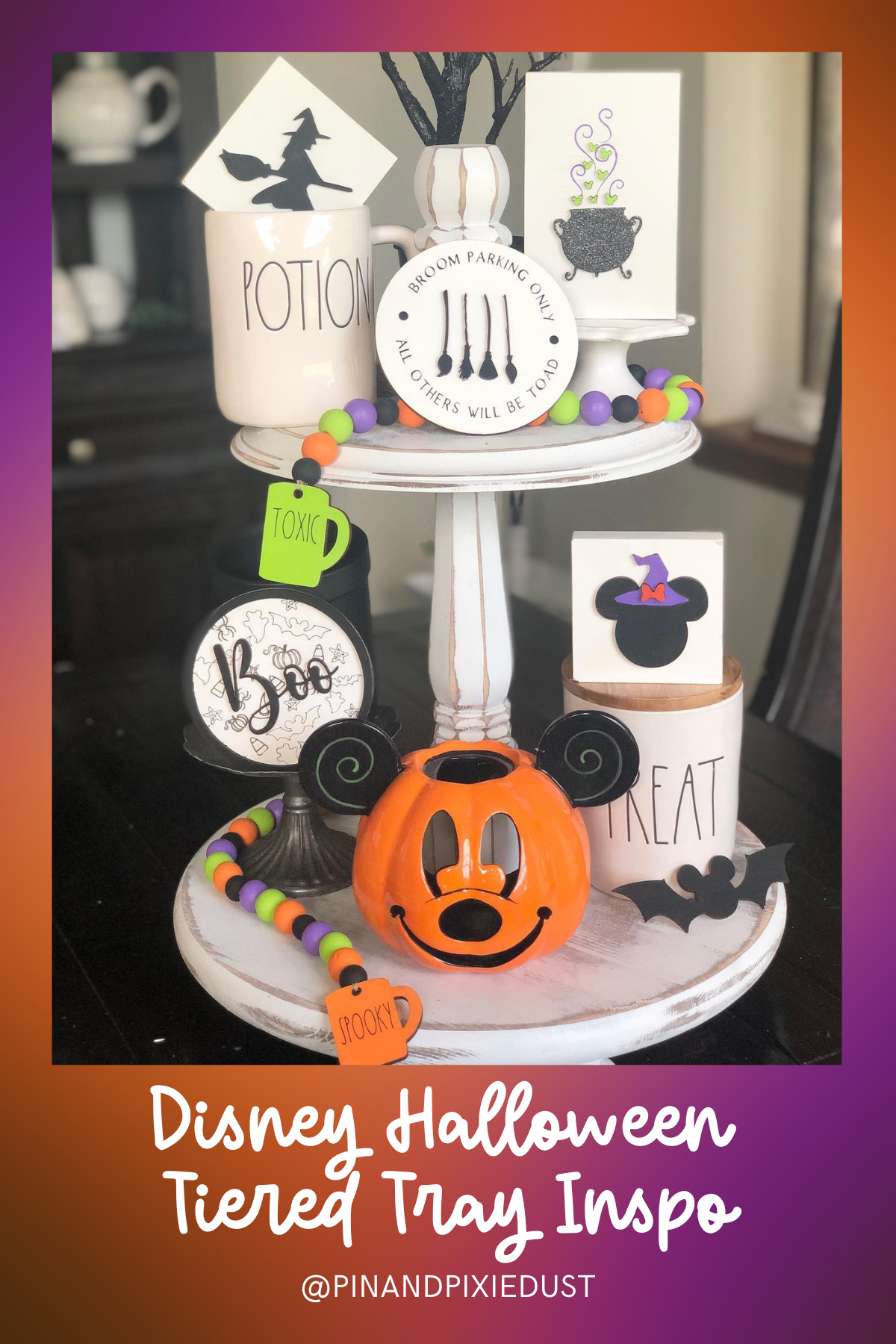 Witchy Mickey’s Potions: A whimsical mix of Halloween potions and Mickey pumpkin decor makes this tiered tray fun and spooky, with pops of Halloween green, black, and orange.