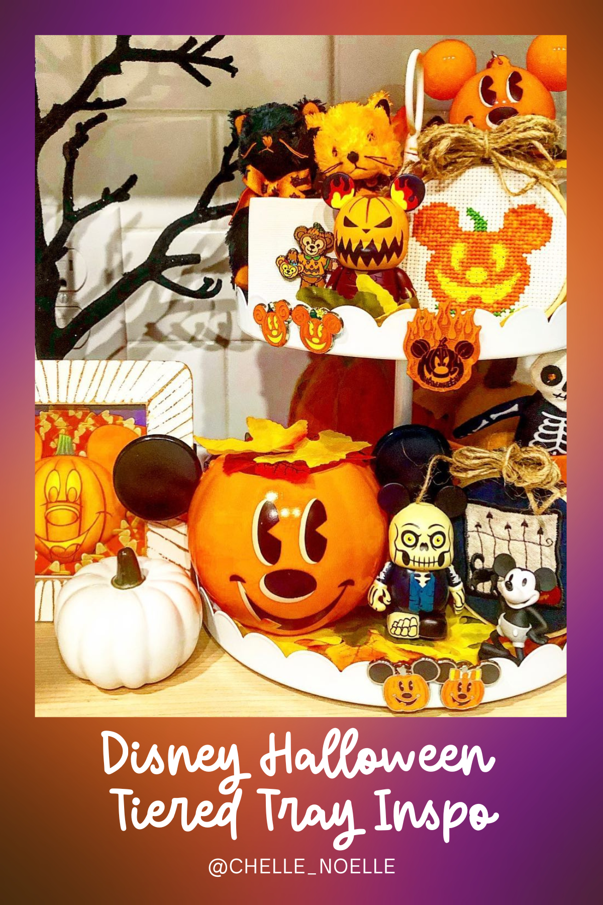 Classic Disney Spookiness: This adorable tray features Mickey-shaped pumpkins, a spooky skeleton figure, and autumn leaves, creating a charming Halloween vibe with pops of classic Disney magic.