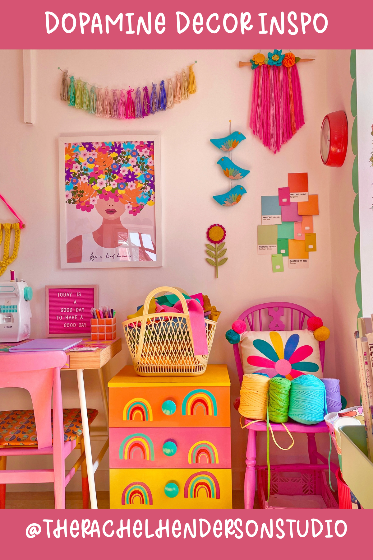 @THERACHELHENDERSONSTUDIOCrafting just got a whole lot happier! 🎨 The rainbow accents, cheerful artwork, and bursts of bright colors make this craft corner a true dopamine haven. With yarns and paint swatches as the stars, it's all about inspiring creativity while making you feel right at home.