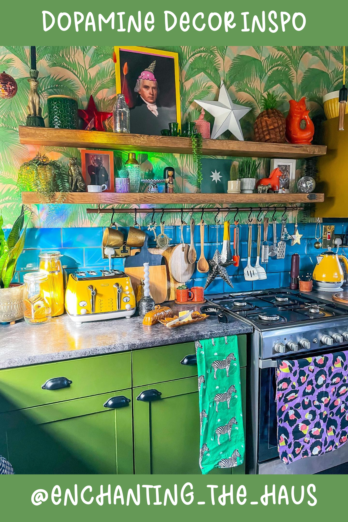 @ENCHANTING_THE_HAUSThis kitchen is a feast for the eyes! 🍽️ The emerald green cabinets paired with vibrant backsplash tiles and funky trinkets create a quirky, fun cooking space. And that pineapple lamp? It’s the cherry on top of this eclectic, colorful display.