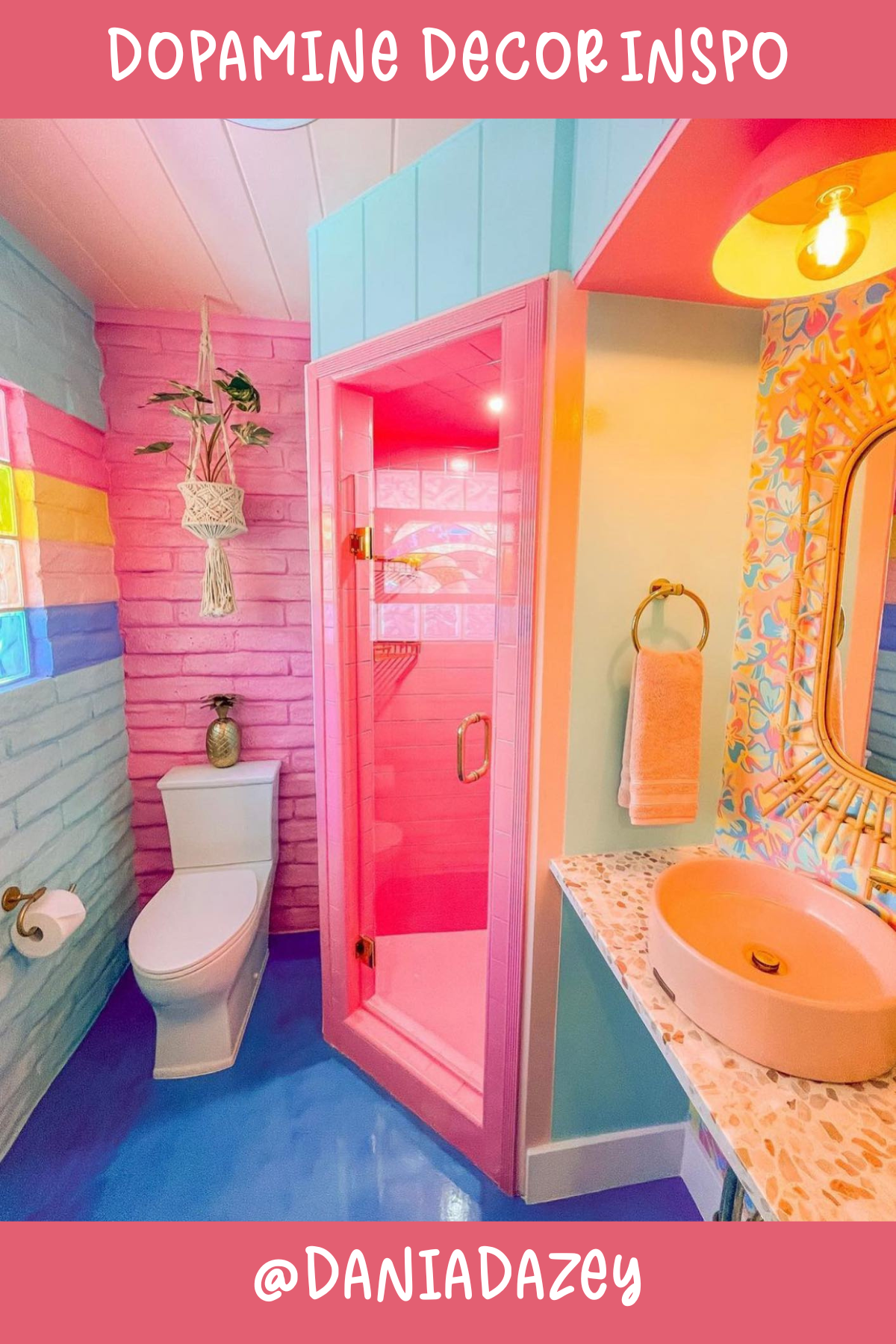 @DANIADAZEYTalk about a bathroom glow-up! 💖 With its cotton candy pinks and sunny yellows, this room is a playful escape. The brick pattern walls painted in a rainbow of colors add so much character, and that pop of teal flooring is just chef’s kiss!