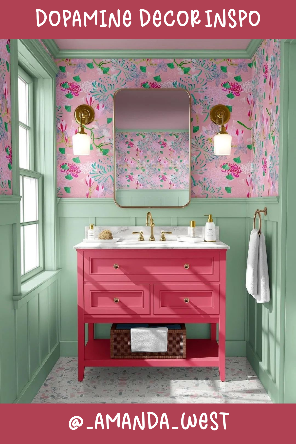 @_AMANDA_WESTThis bathroom is like a spring garden in bloom! 🌸 The vibrant pink vanity paired with mint-green paneling and a floral wallpaper backdrop creates a fresh, happy vibe. The gold fixtures add a touch of glam, making this space a perfect blend of elegance and fun.