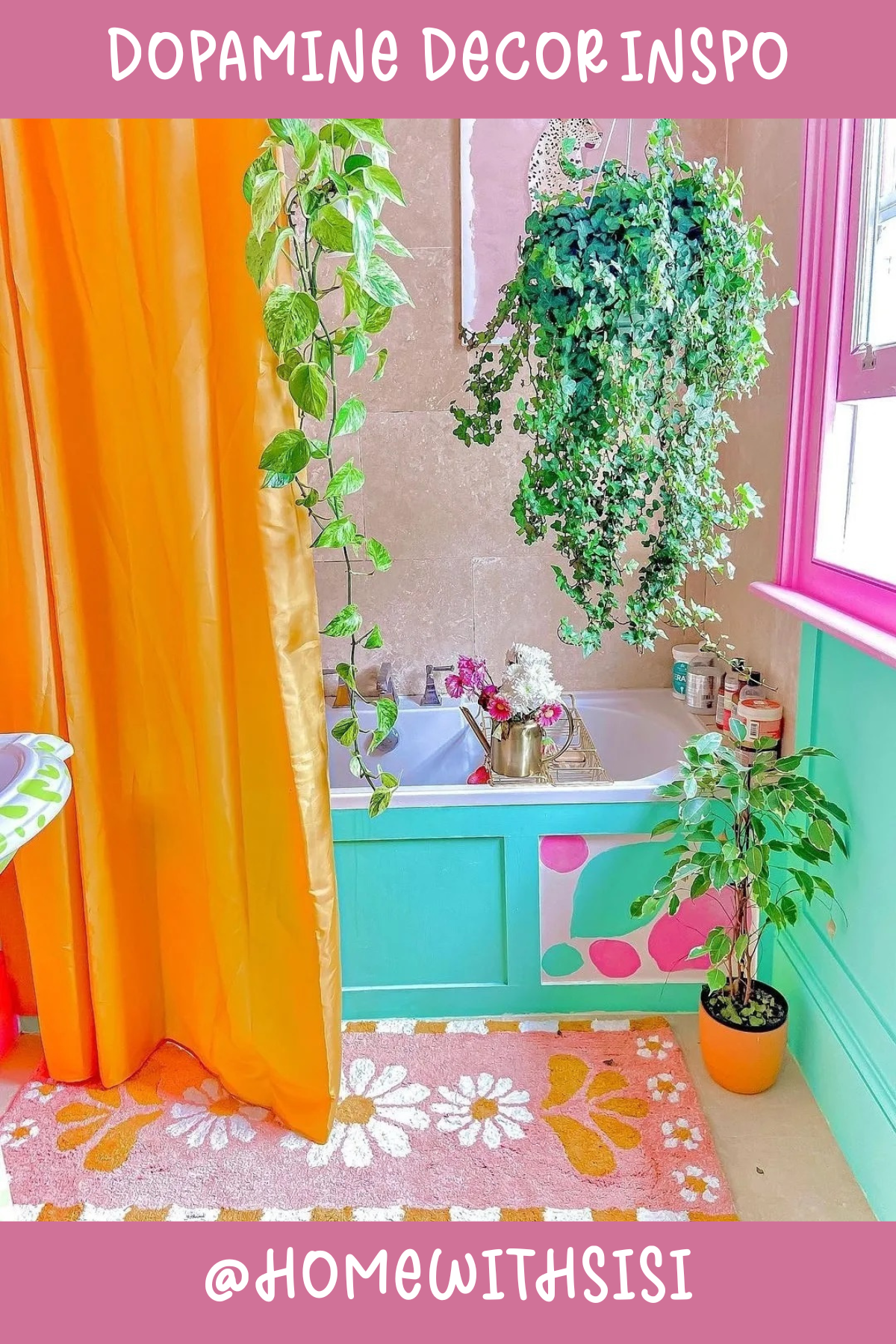 @HOMEWITHSISIA bathroom bursting with life! 🍃 Bright pops of teal and hot pink bring this space to life, while the mustard-yellow shower curtain adds a touch of sunshine. The mix of hanging plants and colorful decor creates a playful jungle vibe – the perfect place for an energetic, mood-boosting soak.