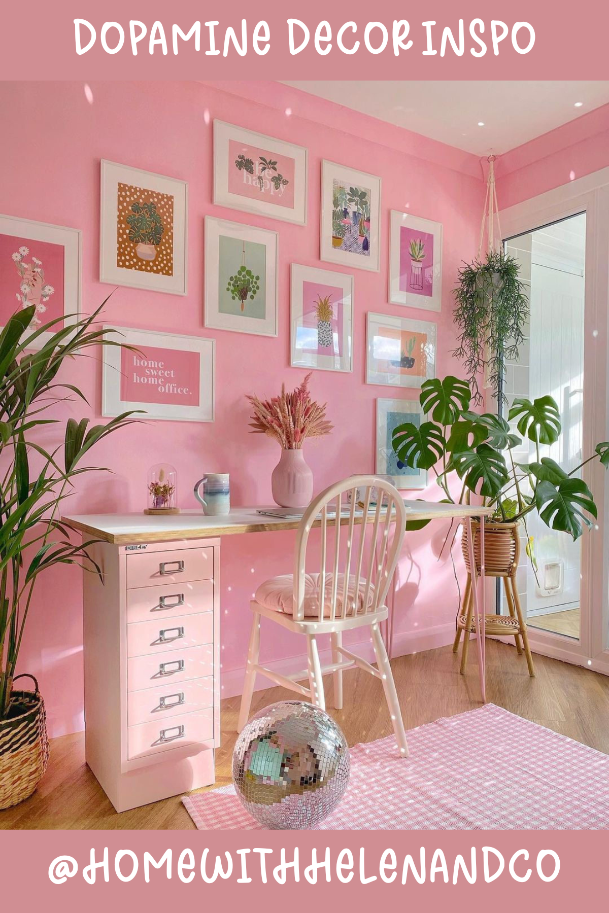 @HOMEWITHHELENANDCOPretty in pink! 💖 This pastel dream workspace combines soft pink walls with a gallery of cheerful prints. The bright greenery and a surprise disco ball add a pop of fun, making it a space that sparks both creativity and joy.