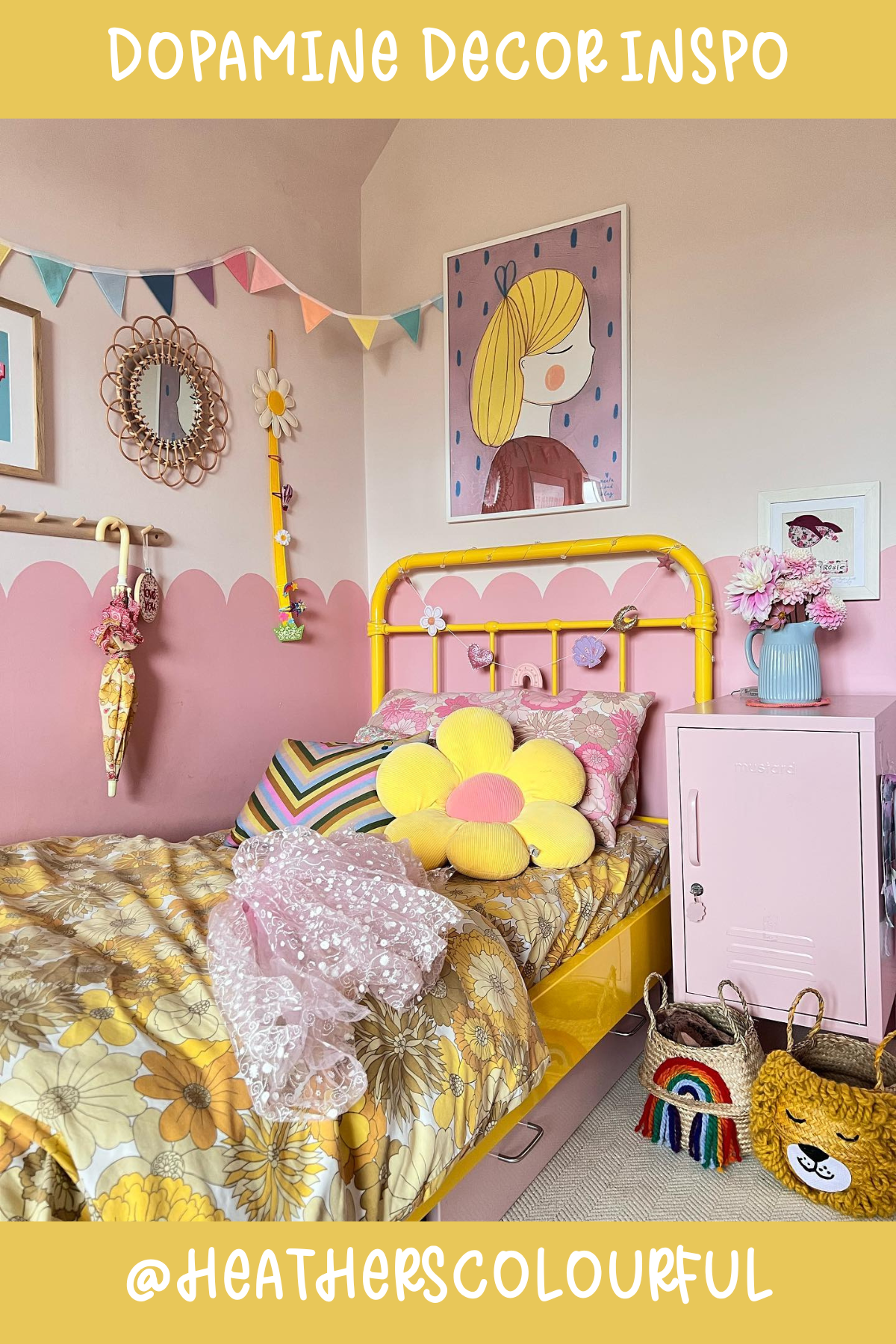 @HEATHERSCOLOURFULA cozy corner straight out of a fairytale! 🧚‍♀️ With its scalloped wall detail, yellow bed frame, and daisy-shaped cushion, this room is all about soft pastel colors and whimsical touches. It’s a dopamine boost wrapped up in florals and fun!