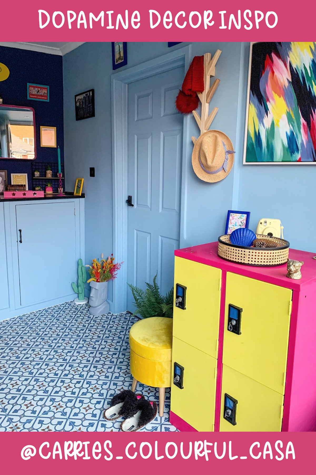 @CARRIES_COLOURFUL_CASABold and bright! 💛💙 The color-blocked lockers in yellow and pink bring an unexpected pop to this entryway. Paired with patterned tiles and vivid artwork, it’s a stylish statement that shouts personality and cheerfulness the moment you walk in.