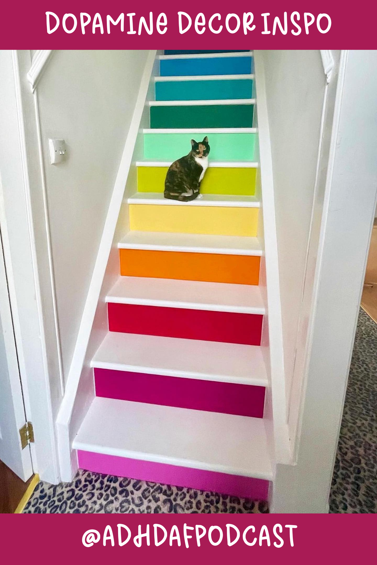 @ADHDDAFPODCASTStairway to happiness! 🌈 These rainbow steps are a total mood-lifter, turning a simple staircase into a vibrant focal point. It’s the perfect way to add a splash of color in a small space – and that cute kitty is just the icing on the cake!