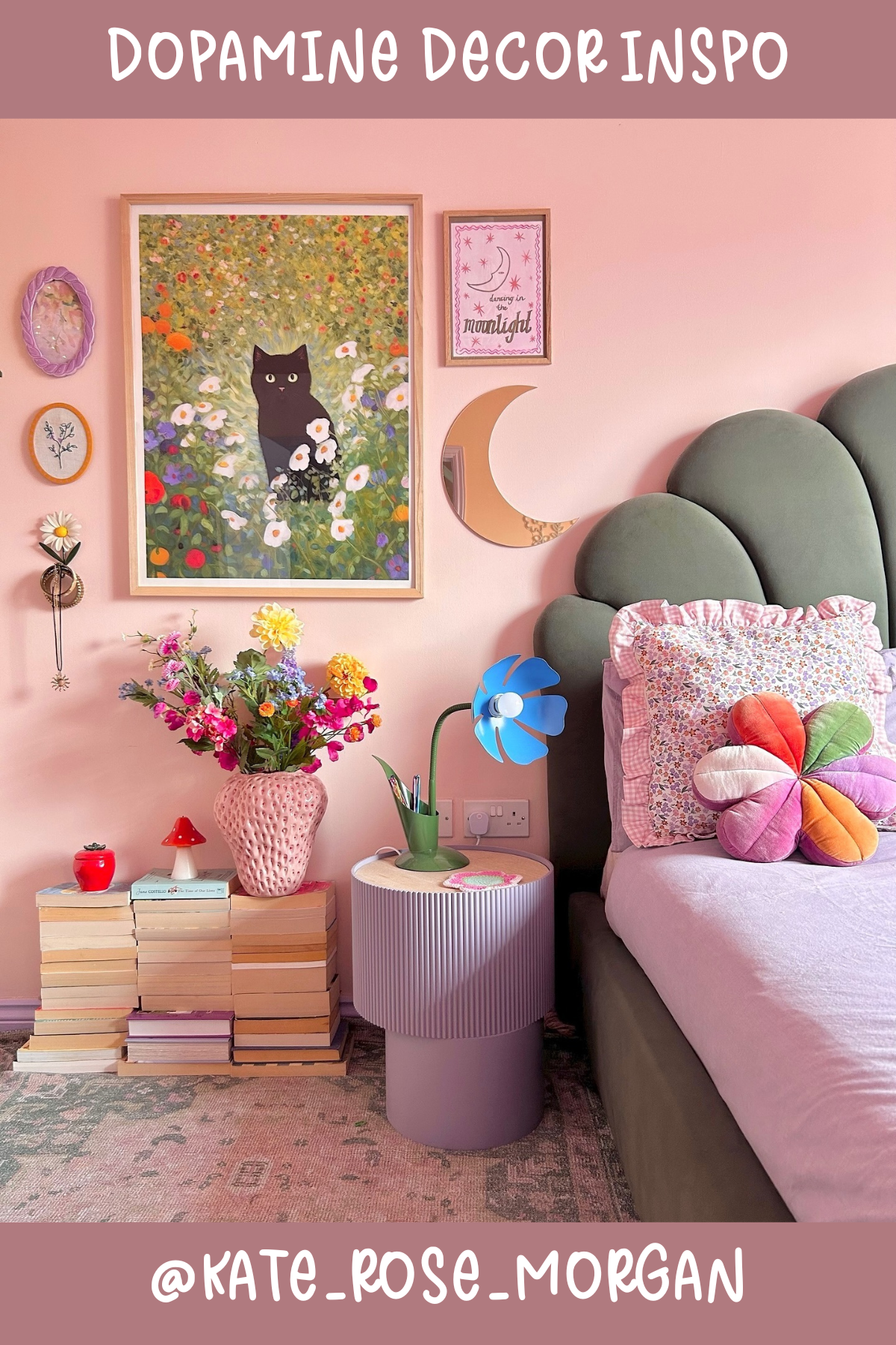 @KATE_ROSE_MORGANA dreamy nook for daydreaming! 🌸 The blush pink walls create a calming backdrop for colorful floral pillows, funky art prints, and a whimsical flower lamp. It’s cozy, eclectic, and full of little surprises that make you smile!