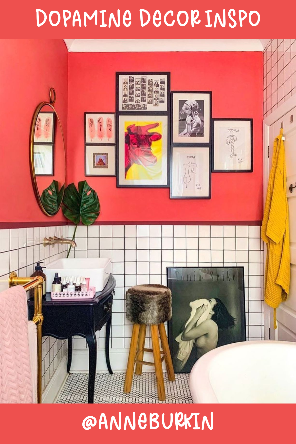 @ANNEBURKINBathroom vibes just got cooler! 🖼️ With its hot coral walls and edgy gallery display, this bathroom is anything but boring. The mix of black-and-white tiles and sleek black sink adds a chic contrast, while pops of yellow bring in that happy energy. It’s a whole mood!