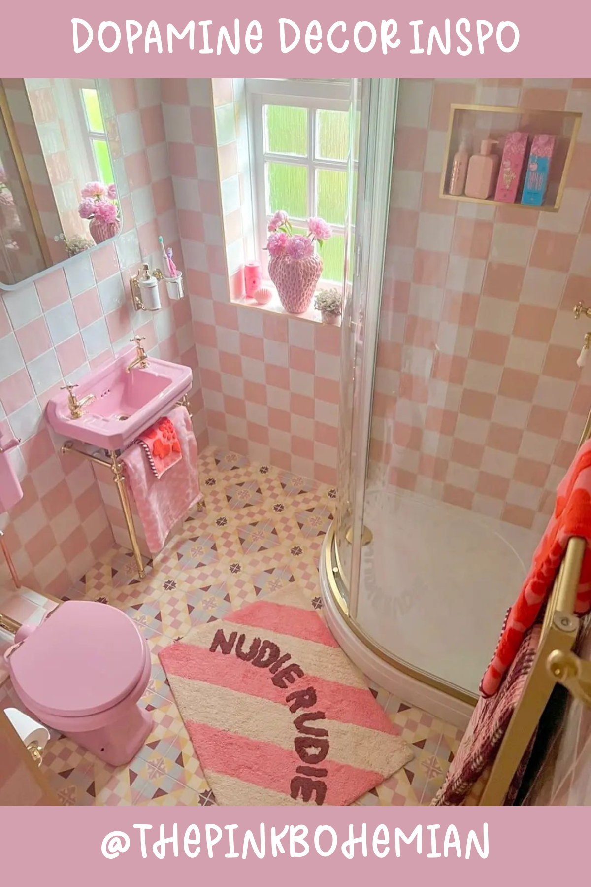 @THEPINKBOHEMIANPretty in pink! 💕 This bathroom is all about soft blush tones with a hint of retro charm. The pink sink, checkerboard tiles, and playful bath mat create a space that’s both girly and fabulous. It’s a pastel paradise with a vintage twist!