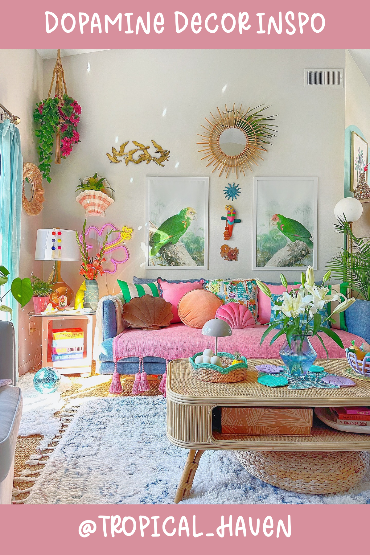 @TROPICAL_HAVENThis room is a tropical dreamland! 🌿 With a playful mix of pastel blues, pinks, and a pop of coral, it’s all about creating a fun, relaxed vibe. That neon light is the cherry on top, adding a touch of whimsy. And don’t even get us started on those gorgeous bird prints – pure jungle paradise!