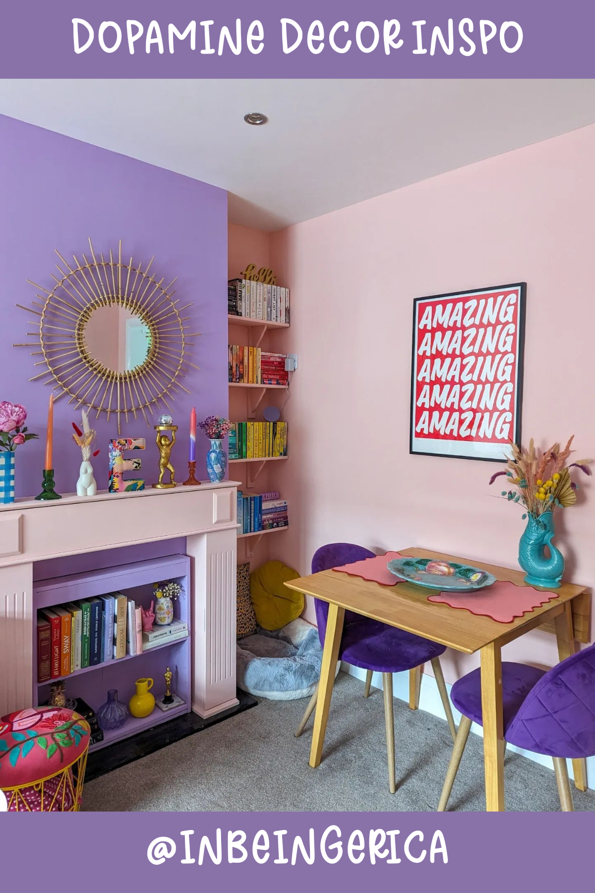 @INBEINGERICAA little corner bursting with personality! 🎨 The lavender and blush walls give off such a soothing vibe, while the colorful books and quirky decor create a fun focal point. That mirror? Pure sunshine in the room! We’re loving how this space combines coziness with a bright pop of ‘amazing’ energy.