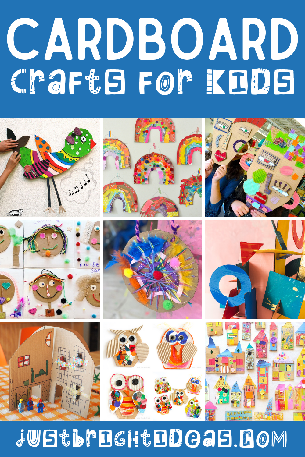 Loving these cardboard crafts for kids - so many fun ways to be creative while learning about colours, shapes, letters and even engineering! #cardboardcrafts #kidcrafts #craftsforkids