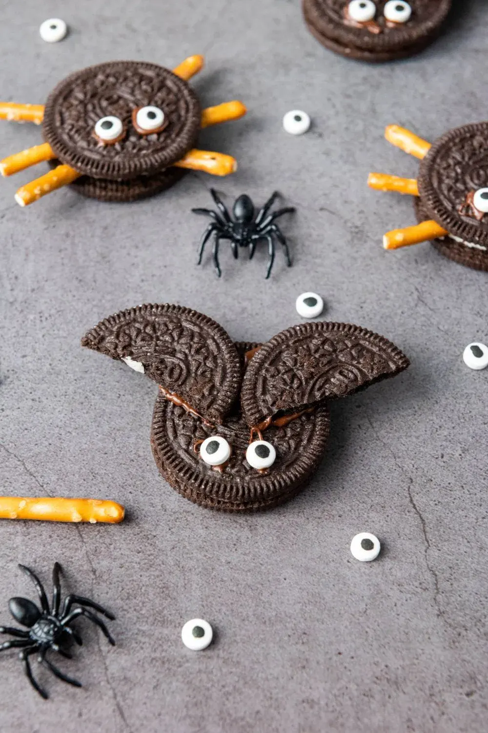 These no-bake treats turn classic sandwich cookies into adorable spiders and bats with pretzel legs, candy eyes, and clever cookie wing cutsâfun to make and perfect for little helpers.