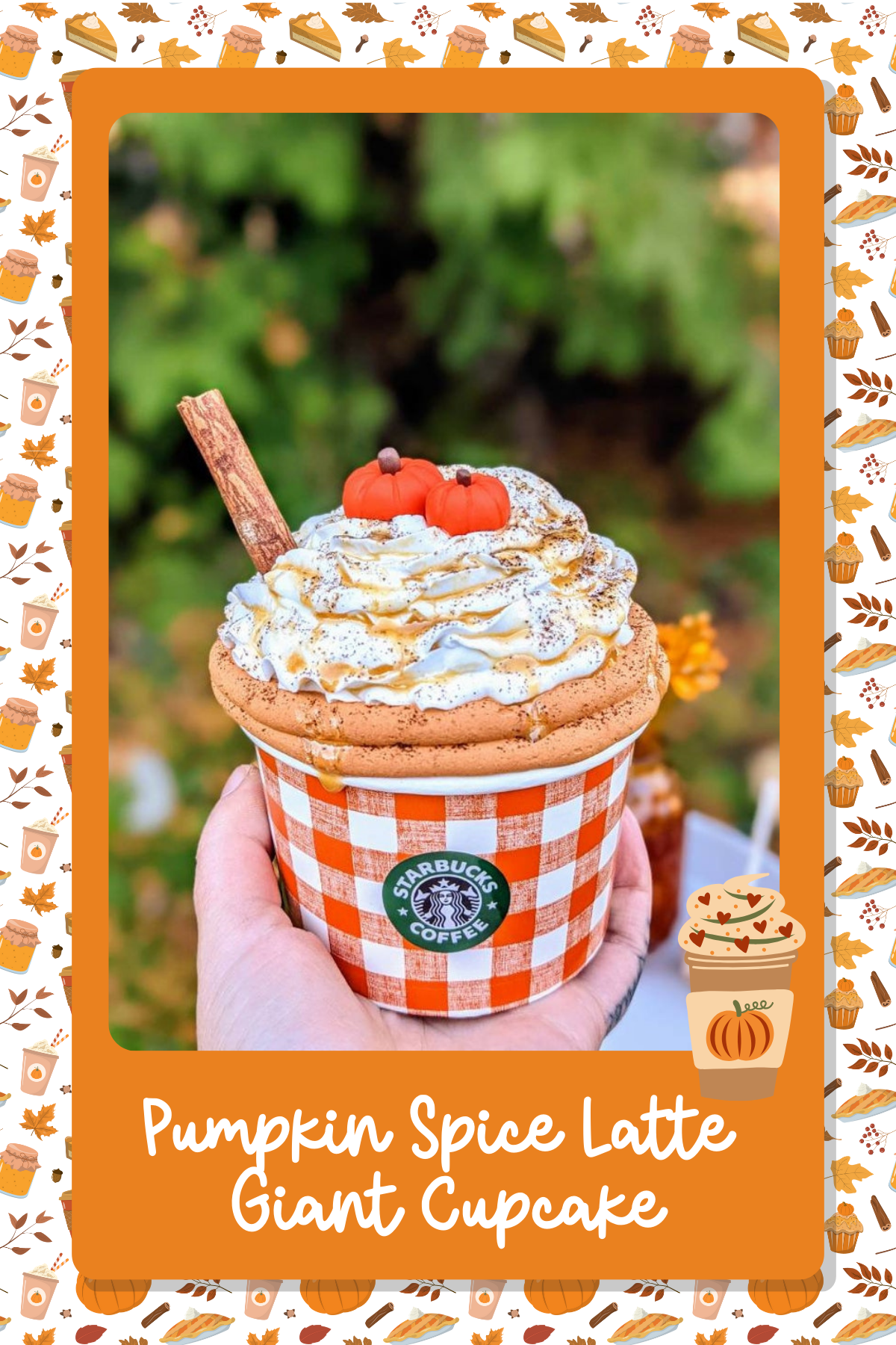 Pumpkin Spice Latte Giant CupcakeThis over-the-top giant PSL cupcake is the ultimate fall decor item, featuring whipped cream, mini pumpkins, and cinnamon sticks! It’s a dream for any PSL lover.