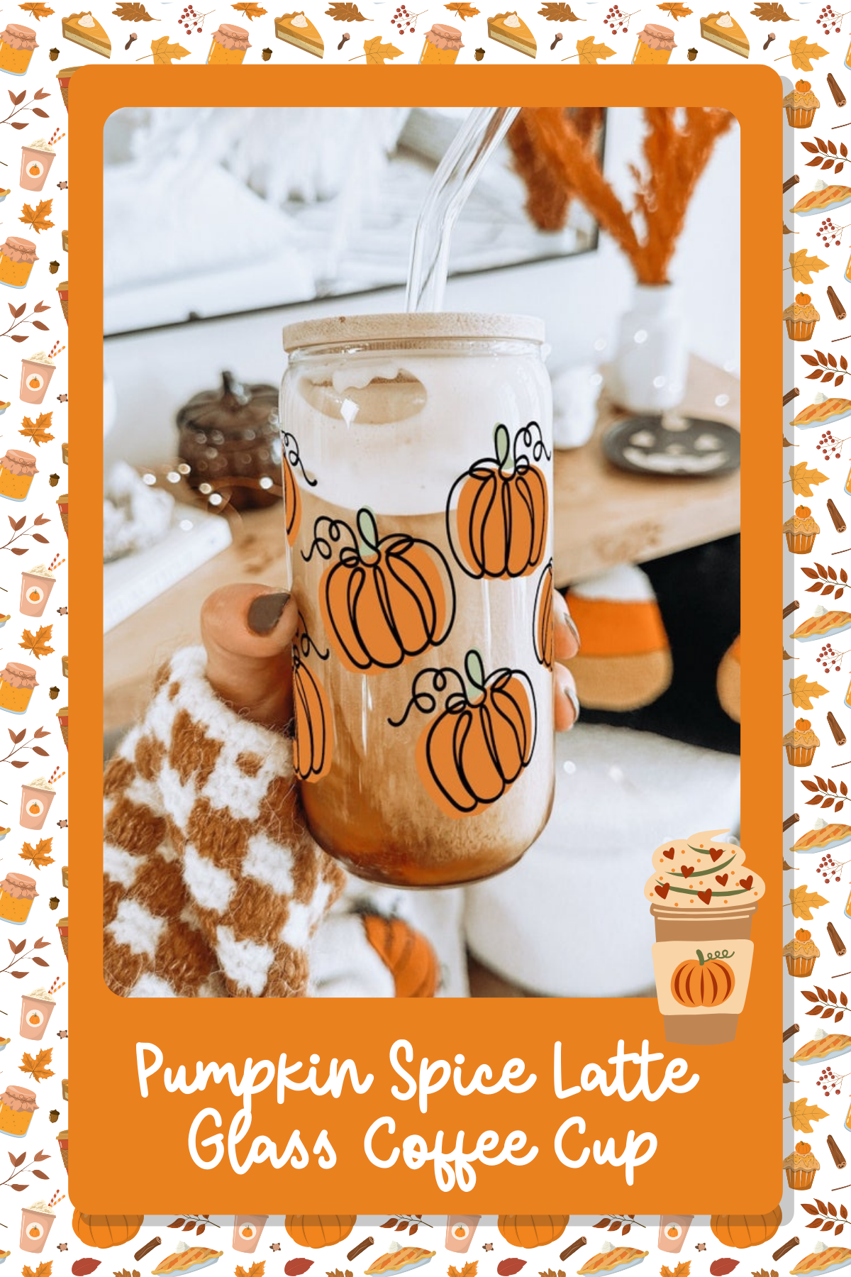 This trendy glass coffee cup with cute pumpkin doodles will instantly upgrade your cozy fall drink photos. Grab it, sip your favorite PSL, and let the autumn vibes flow in style!