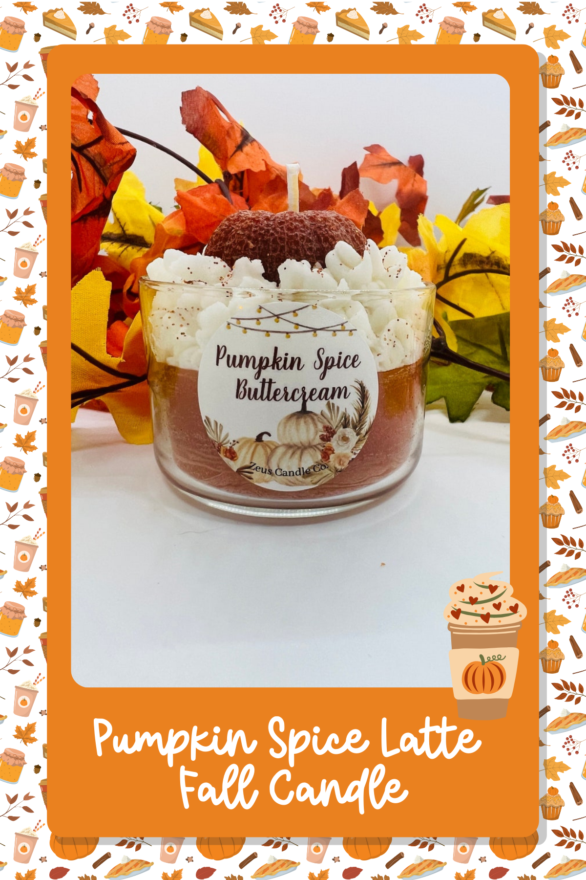 Pumpkin Spice Latte Fall CandleLight this candle and get whisked away to a pumpkin spice paradise! Topped with faux whipped cream and a mini pumpkin, it's almost too cute to burn… almost.