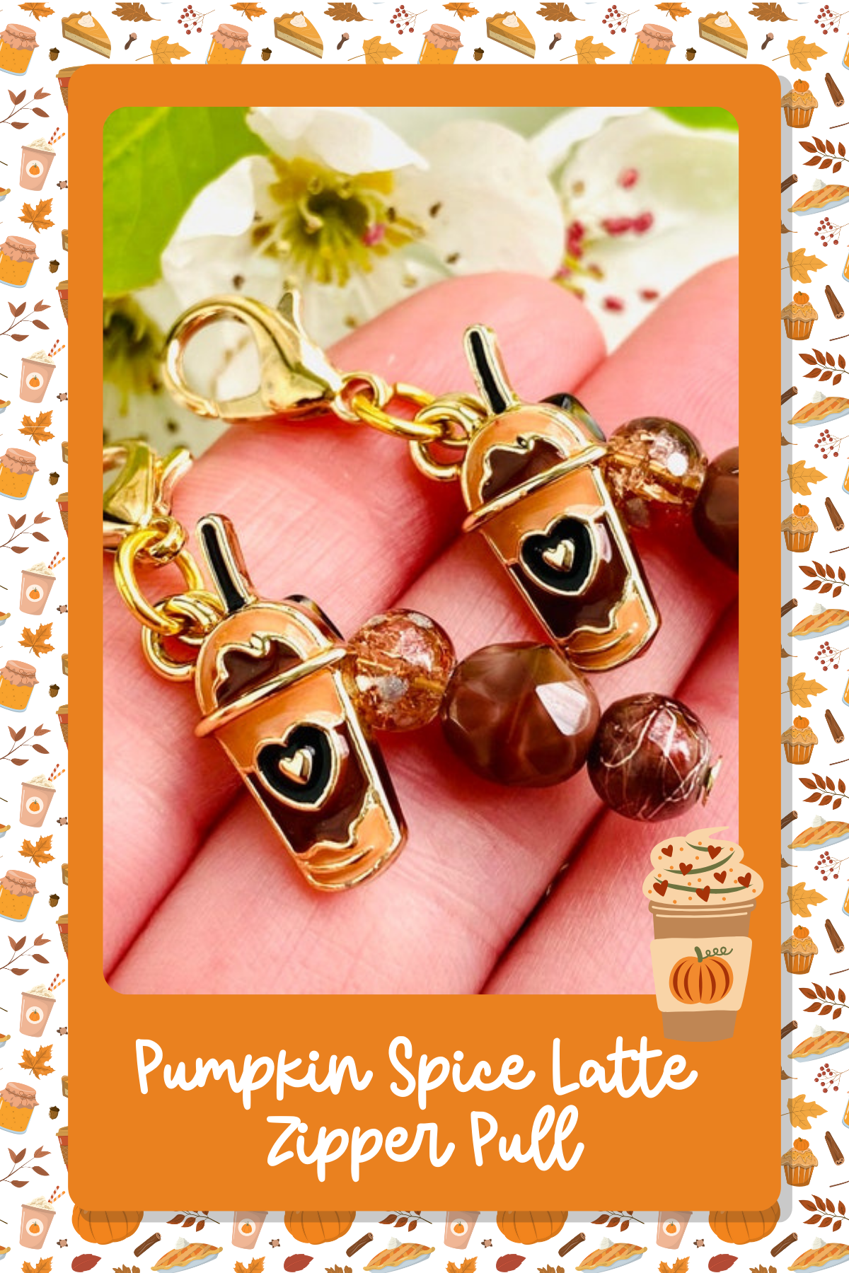 Pumpkin Spice Latte Zipper PullAdd a dash of pumpkin spice to your wardrobe with this adorable zipper pull! Featuring a mini PSL charm, it’s the perfect autumn touch to your jackets, bags, or sweaters.