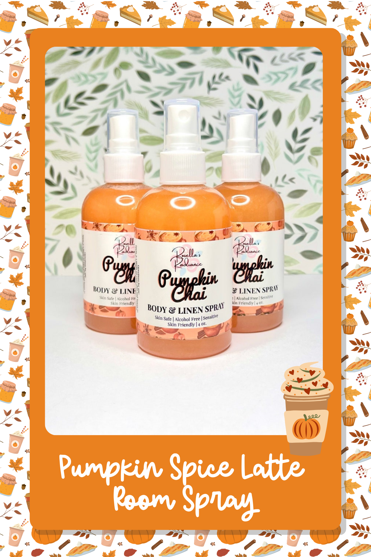 Pumpkin Spice Latte Room SprayTransform your space into an autumn wonderland with this Pumpkin Chai room spray. Just a spritz will have your home smelling like a freshly brewed cup of fall’s favorite flavor.