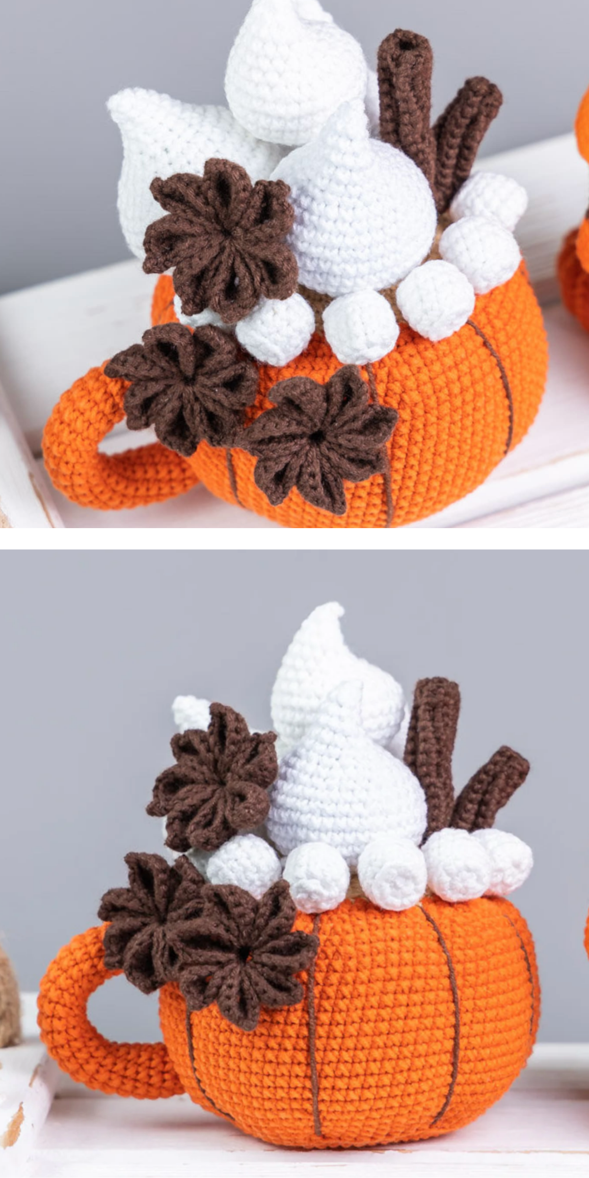 This pumpkin spice latte cup pattern is a fun twist on the autumn staple! You can crochet your very own cup of seasonal goodness that makes a cute and cozy addition to any fall setup.