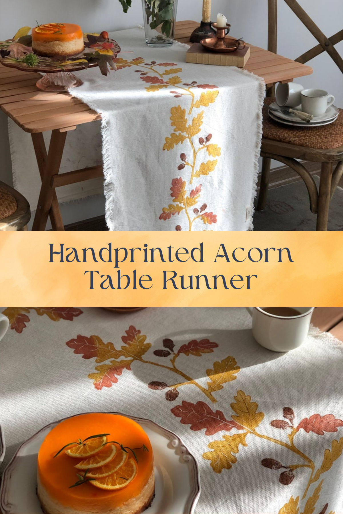 Acorn Cotton Table Runner: Handprinted with delicate acorns, this cotton table runner adds a touch of rustic charm to your autumn tablescape. Perfect for cozy dinners and gatherings!