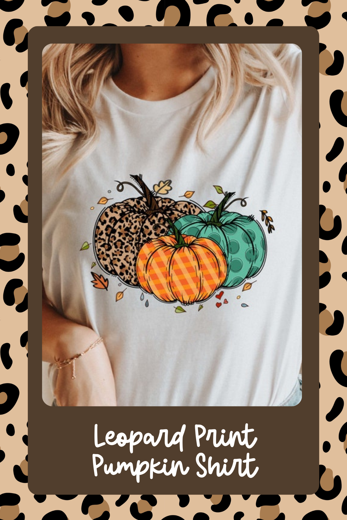 Celebrate the season with this cute pumpkin shirt, featuring a leopard print twist! It’s comfy, stylish, and just perfect for all your autumn adventures.