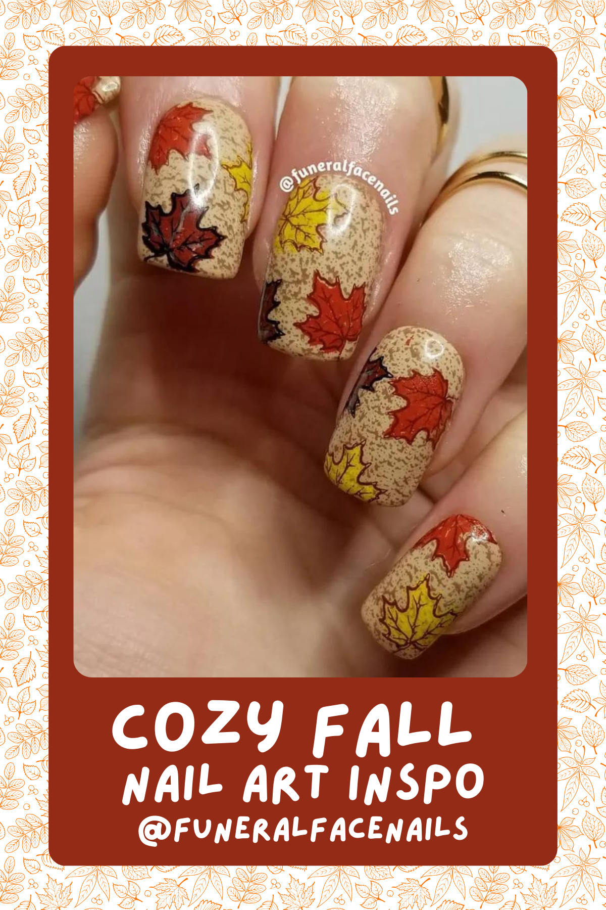 This fall nail art is the perfect cozy vibe with a speckled beige base that mimics the texture of fall leaves on the ground. The hand-painted maple leaves in warm red, yellow, and orange give it that ultimate autumn aesthetic—perfect for a walk through the crunchy fall leaves! 🍁🍂