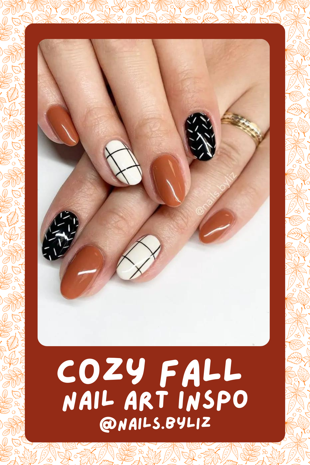 @nails.byliz - Cozy sweater vibes with a modern twist! Earthy tones paired with minimalist plaid and knit patterns make these nails perfect for fall.