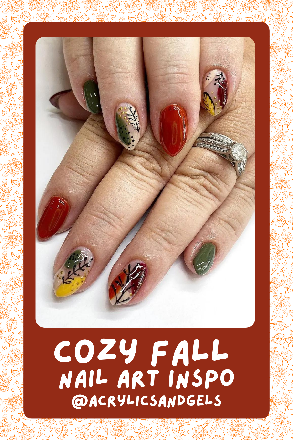 @acrylicsandgelsGet in touch with nature! These leafy designs in rich autumn hues bring the beauty of the season right to your fingertips.