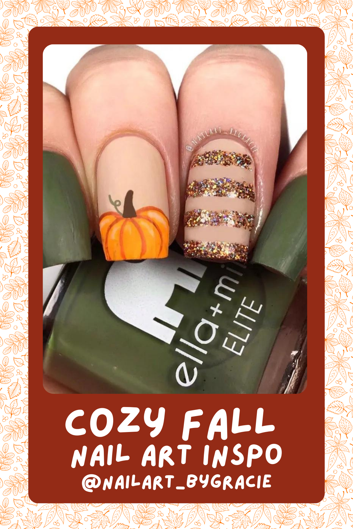 @nailart_bygracieNothing says fall like pumpkins and glitter! A perfect blend of festive and glam with cute pumpkin art and sparkly stripes.