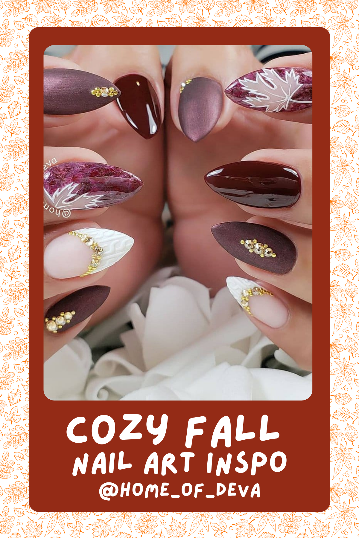 @home_of_devaDeep burgundy meets luxurious gold accents in this ultra-chic fall manicure. Add in some fall leaf details, and you’ve got a stunner!