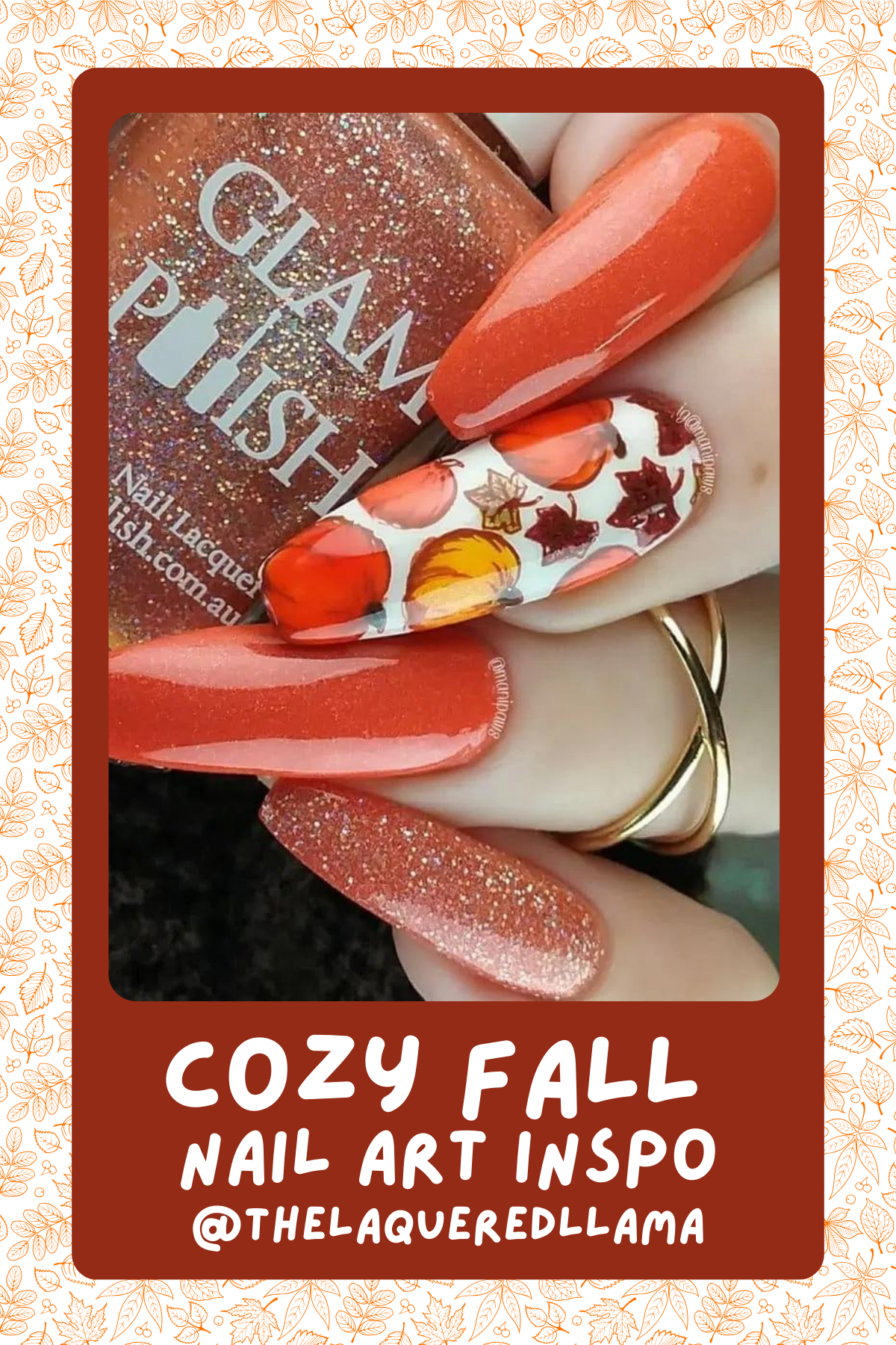 @thelaqueredllamaGlitter and pumpkins galore! These shimmery, orange nails are fall festival ready with cute autumn motifs to match.