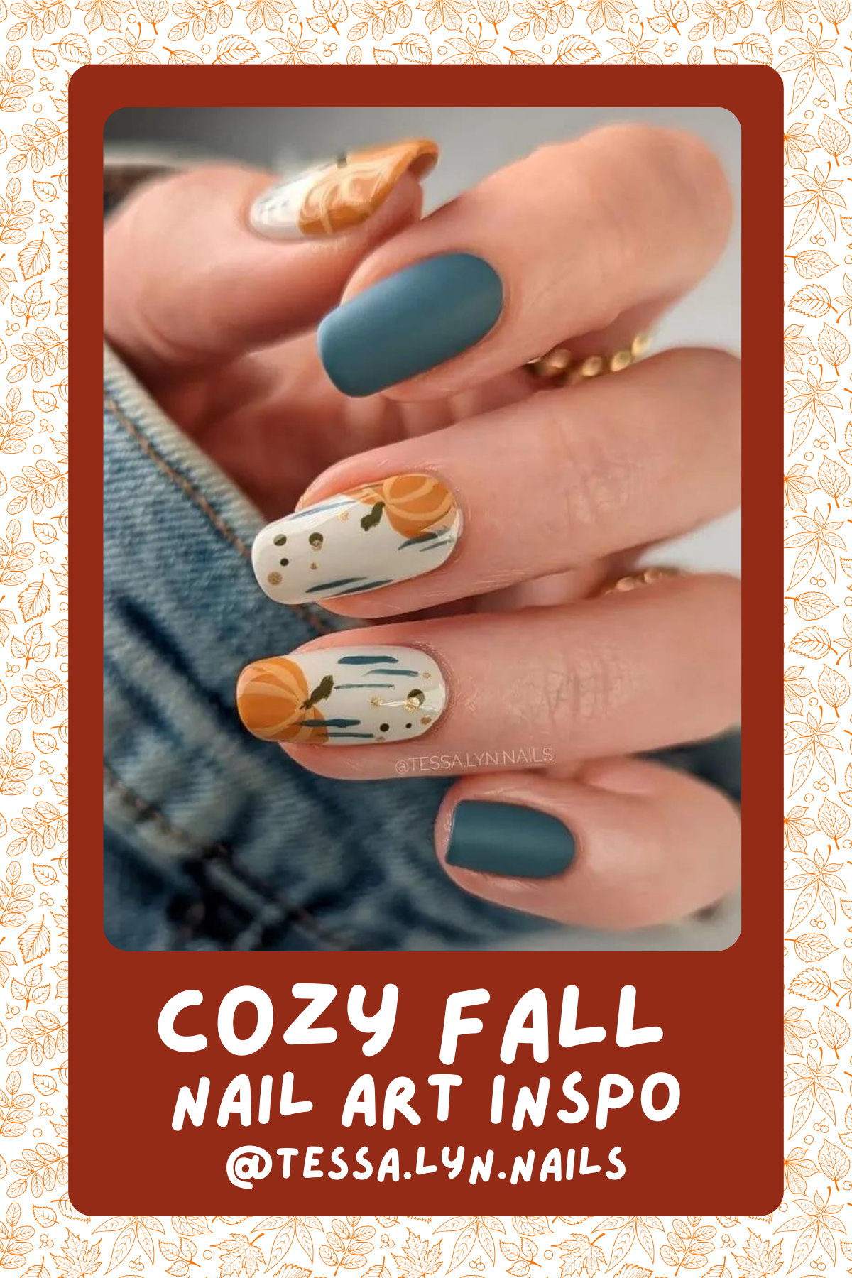 @tessa.lyn.nailsPumpkin spice meets muted blues! These charming fall pumpkins and soft gold accents will have you feeling autumn-ready in no time.