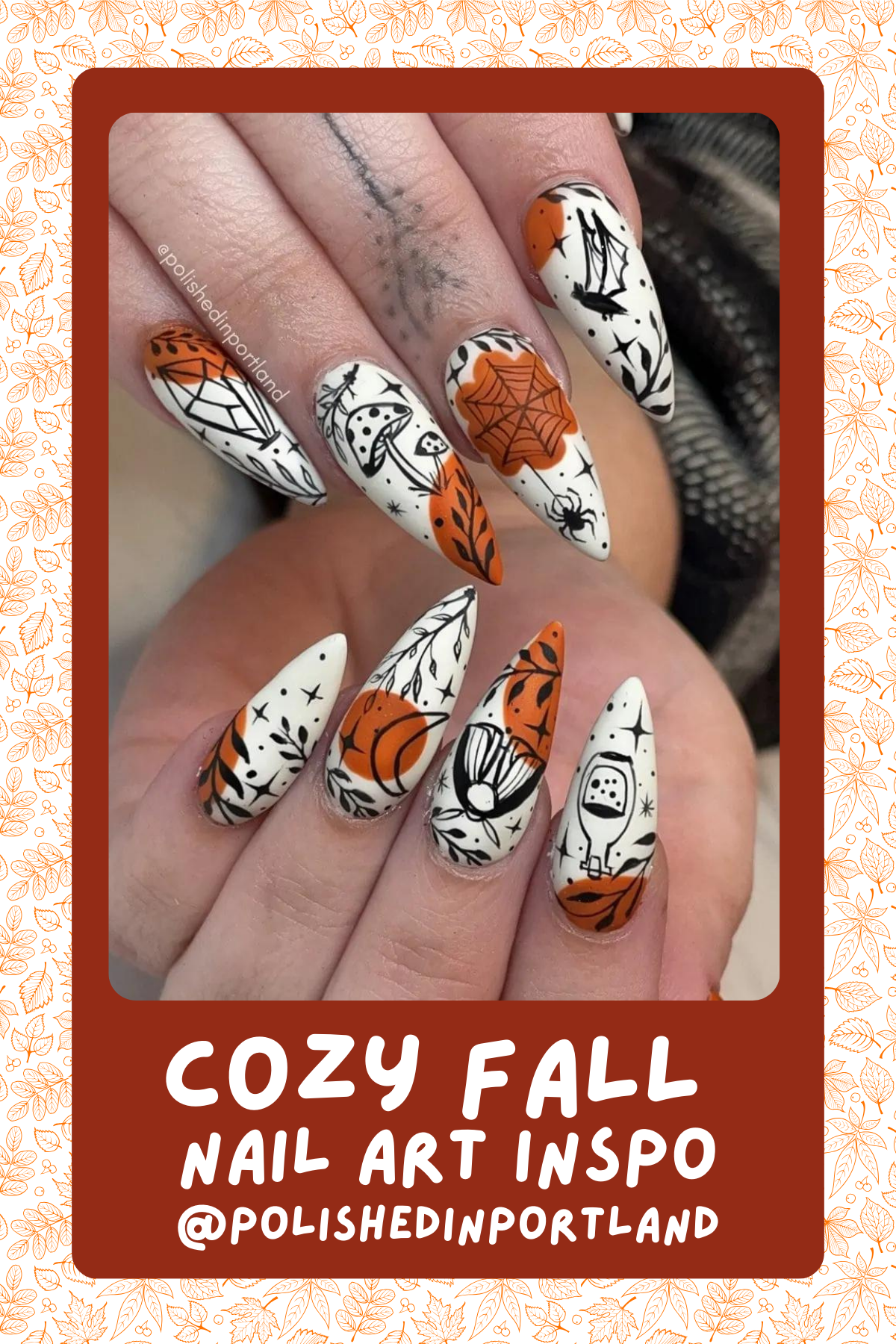 @polishedinportlandSpooky meets cozy in this fall-inspired nail set! Perfect for Halloween lovers with a touch of autumn charm, thanks to the bold black and orange combo.