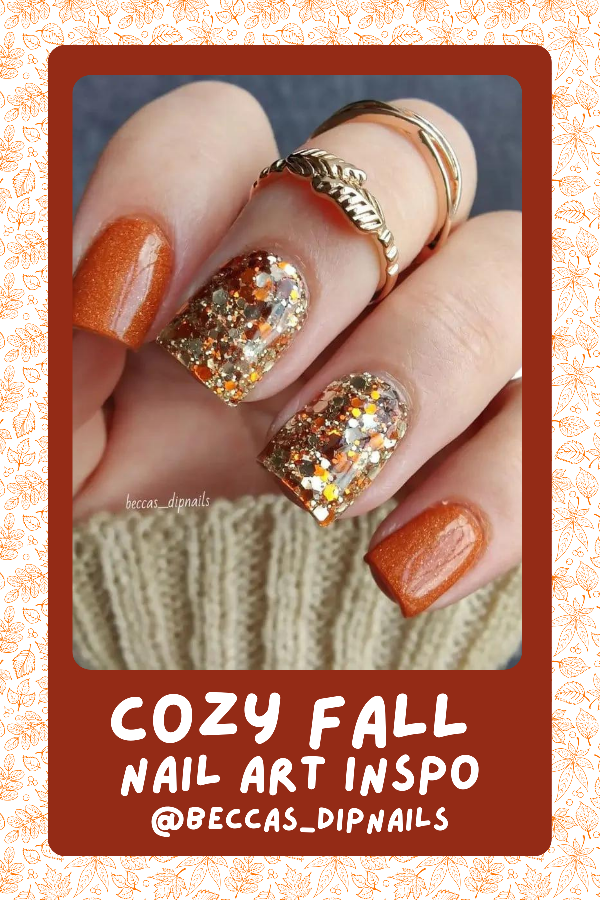 @beccas_dipnails: The perfect mix of sparkle and warmth! These nails feature a solid burnt-orange shimmer paired with glittery gold and copper hues that feel like autumn leaves catching the sunlight. A dazzling combo for any fall occasion! ✨🍂