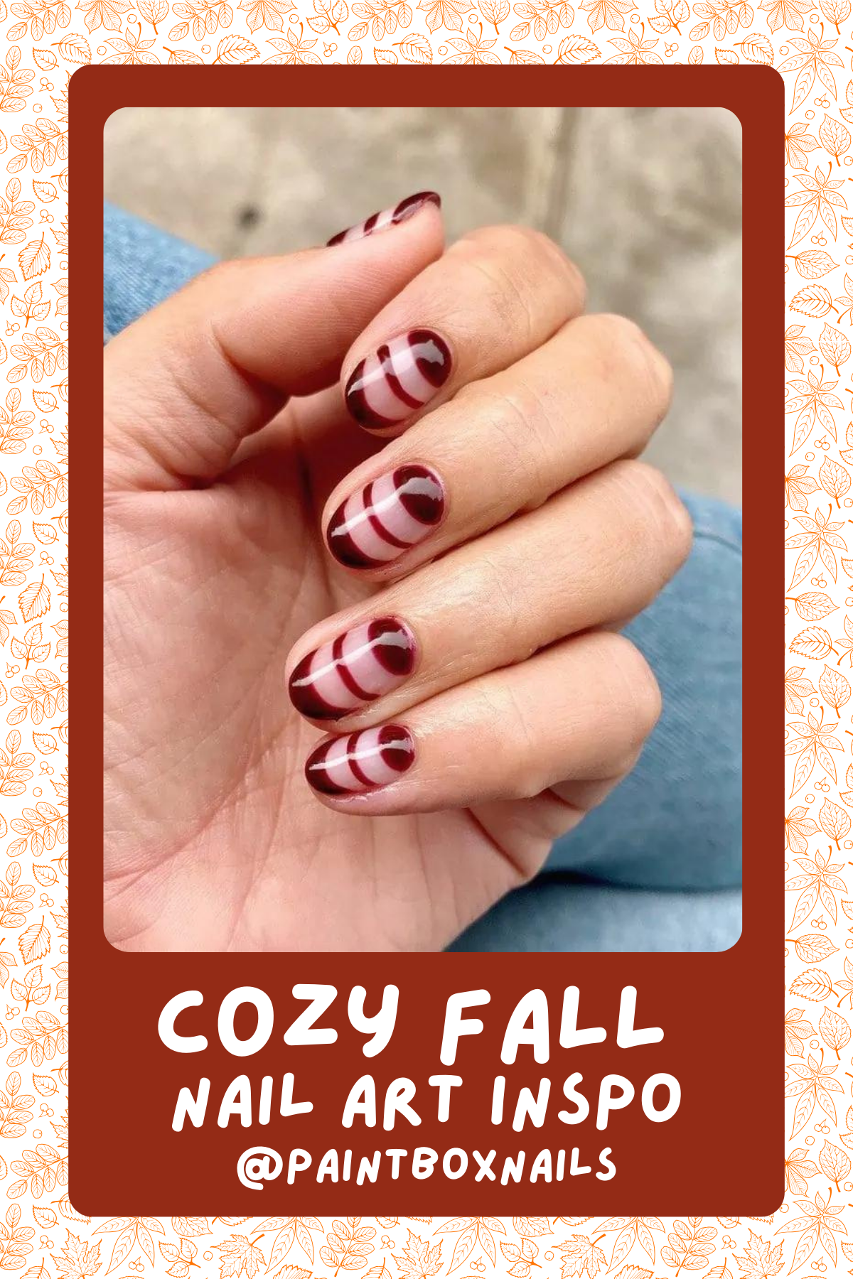 @paintboxnails: Minimalist with a twist, these swirly stripes in deep burgundy and blush pink scream cozy fall vibes. Simple yet eye-catching—perfect for a trendy autumn look! 🍷🎯