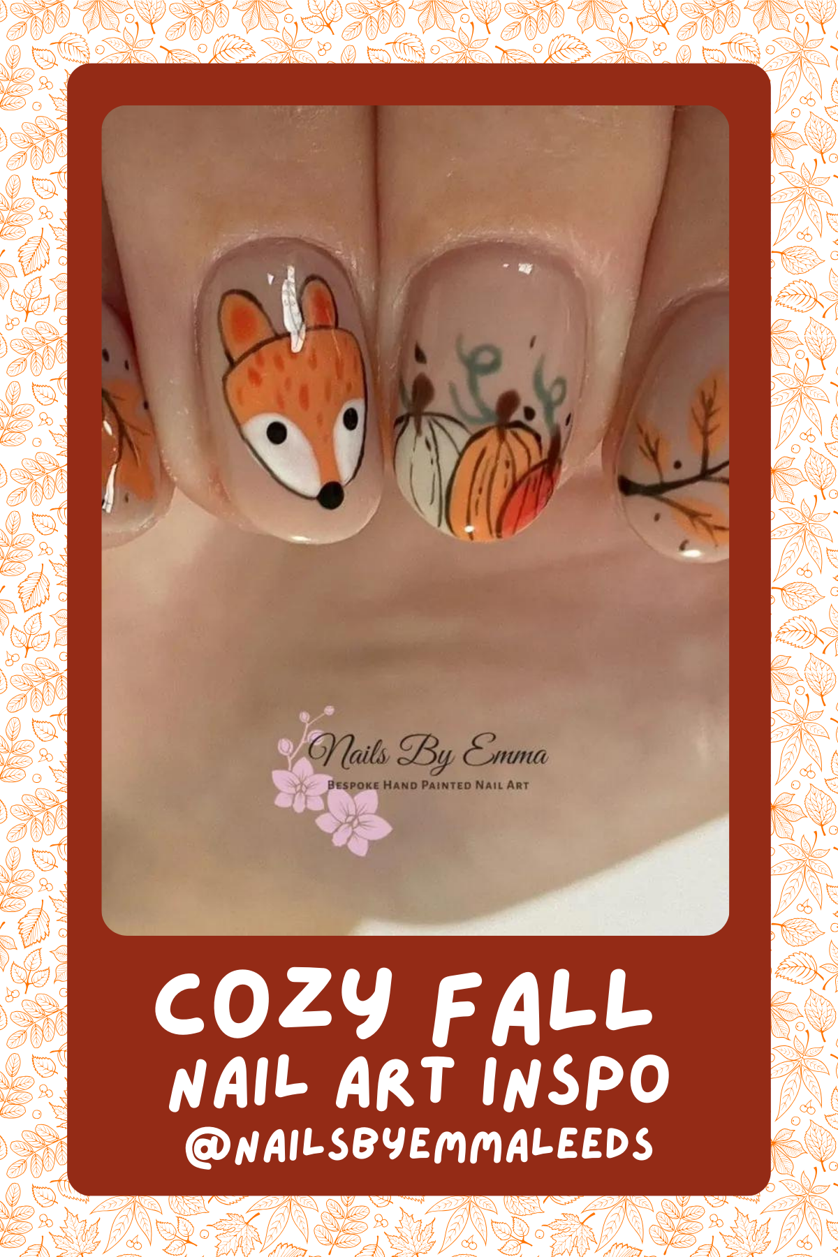 @nailsbyemmaleeds: How adorable is this woodland critter design?! The cute fox and hand-painted pumpkins add a playful and cozy touch, making it a whimsical choice for all your autumn adventures! 🦊🎃