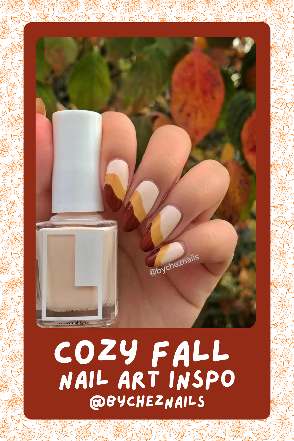 @bycheznails: Earthy tones in wavy stripes create a simple yet stunning look for fall. The combination of warm browns, creamy whites, and mustard yellows gives off serious sweater-weather vibes! 🍂🍁