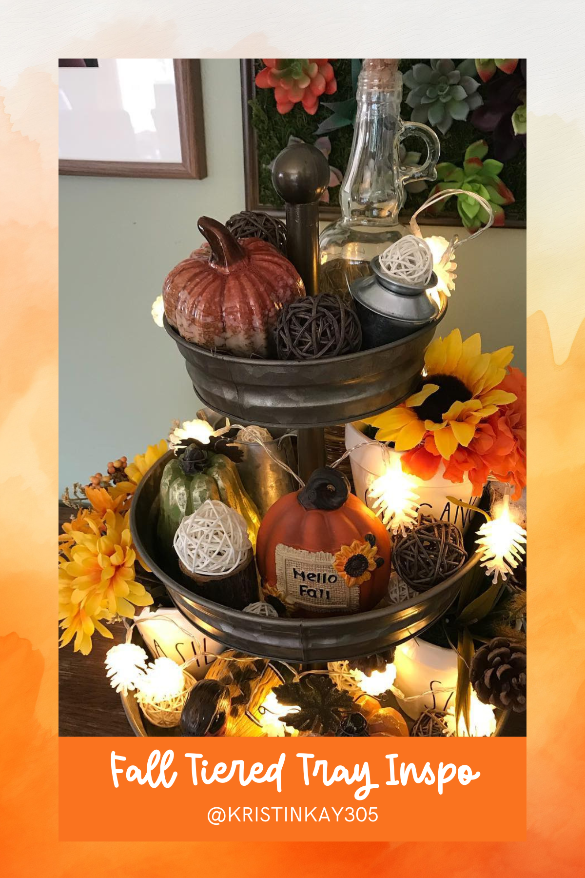 Lights, pumpkins, and sunflower accents—this tray has all the fall glow-ups you could want! A mix of bright colors and rustic textures makes it a standout for any fall celebration.