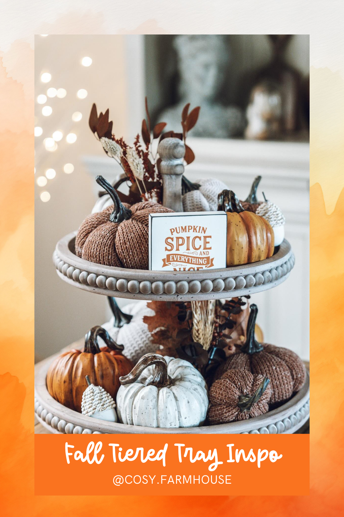 A perfectly cozy blend of neutral pumpkins and textures! With warm knitted pumpkins and "Pumpkin Spice and Everything Nice" signage, this tray is both elegant and autumnal.