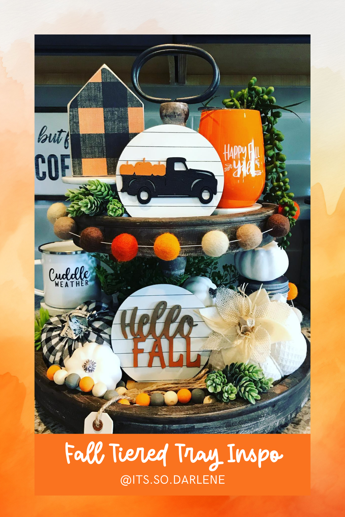 This tray brings the nostalgia of a cozy fall day with a rustic, playful theme. With a flannel truck and "hello fall" sign, it’s full of the season’s must-have colors and textures.