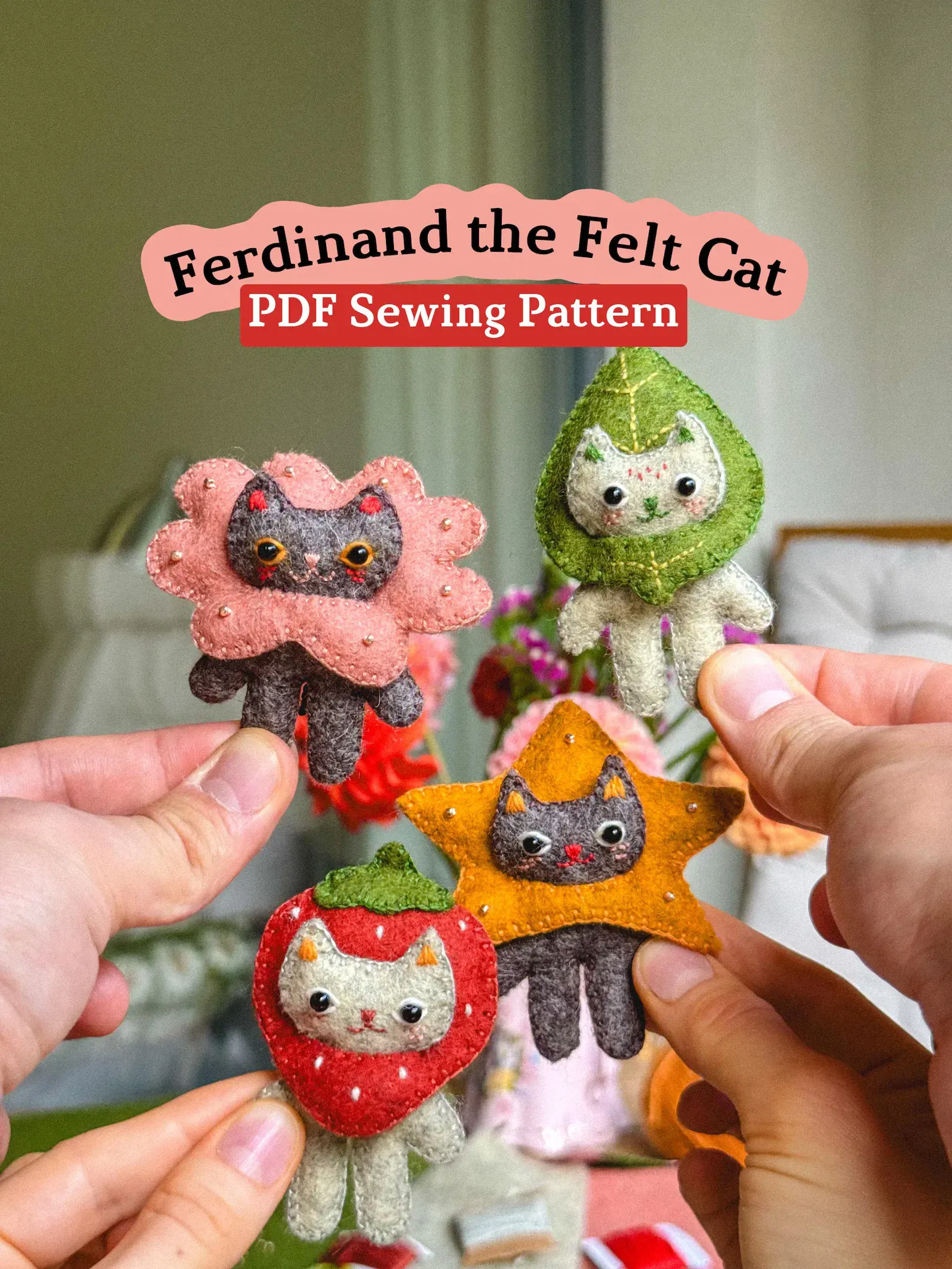 Meet Ferdinand the Felt Cat—your new spooky-cute sewing sidekick! 🐈✨ This PDF pattern shows you how to make Ferdinand plus his four adorable interchangeable “garden treasure” outfits (think star, strawberry, leaf, and flower). It’s beginner-friendly, quick to sew, and perfect if you want a fun little project you can finish in an afternoon. The instructions are clear, with step-by-step photos and full-size templates in two sizes. Ferdinand makes a sweet Halloween craft for hanging as ornaments, adding to treat bags, or stitching into a whimsical garland. Small, quirky, and completely charming—he’s the cat who’ll steal your Halloween décor spotlight. 🎃