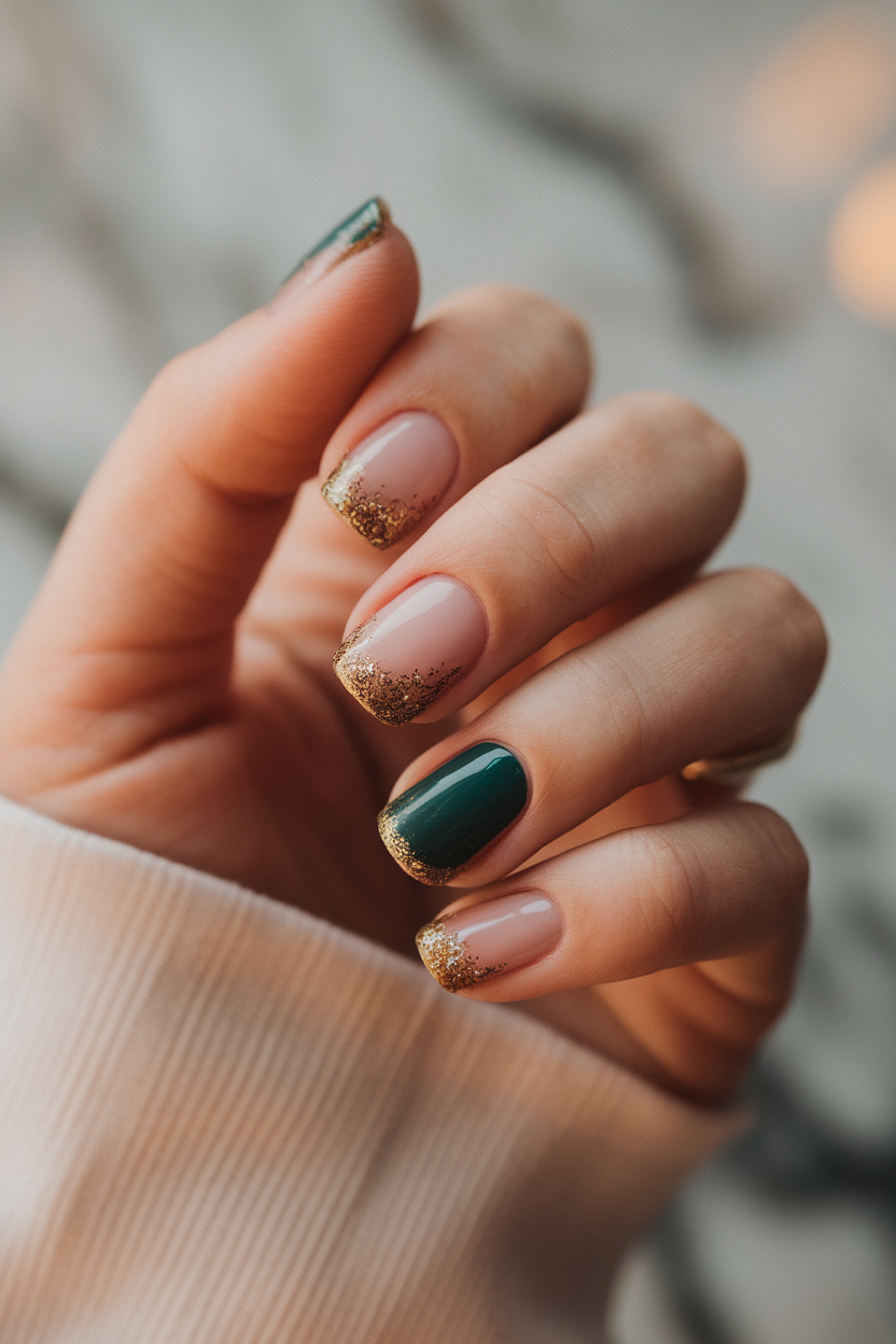 Festive Green and Gold – Deep green nails with glittery gold tips make for a festive and sophisticated look, blending holiday spirit with chic elegance.