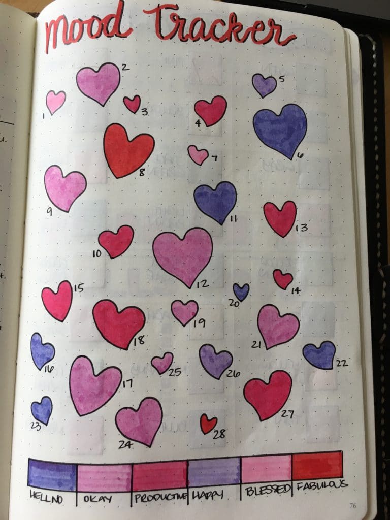 Floating hearts bullet journal mood tracker