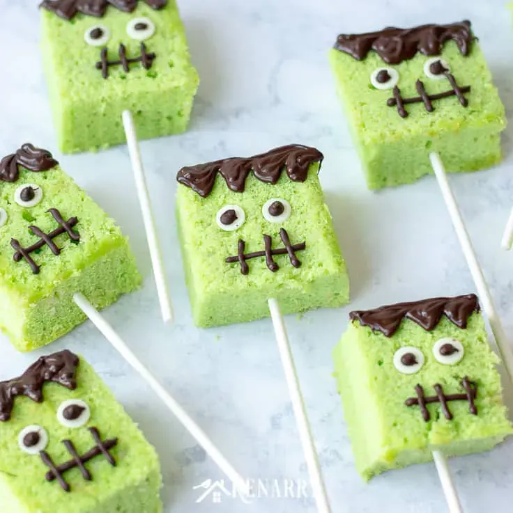 Frankenstein Cake Pops – Bright green and blocky, these Frankenstein pops are a fun and easy way to bring a Halloween classic to life.