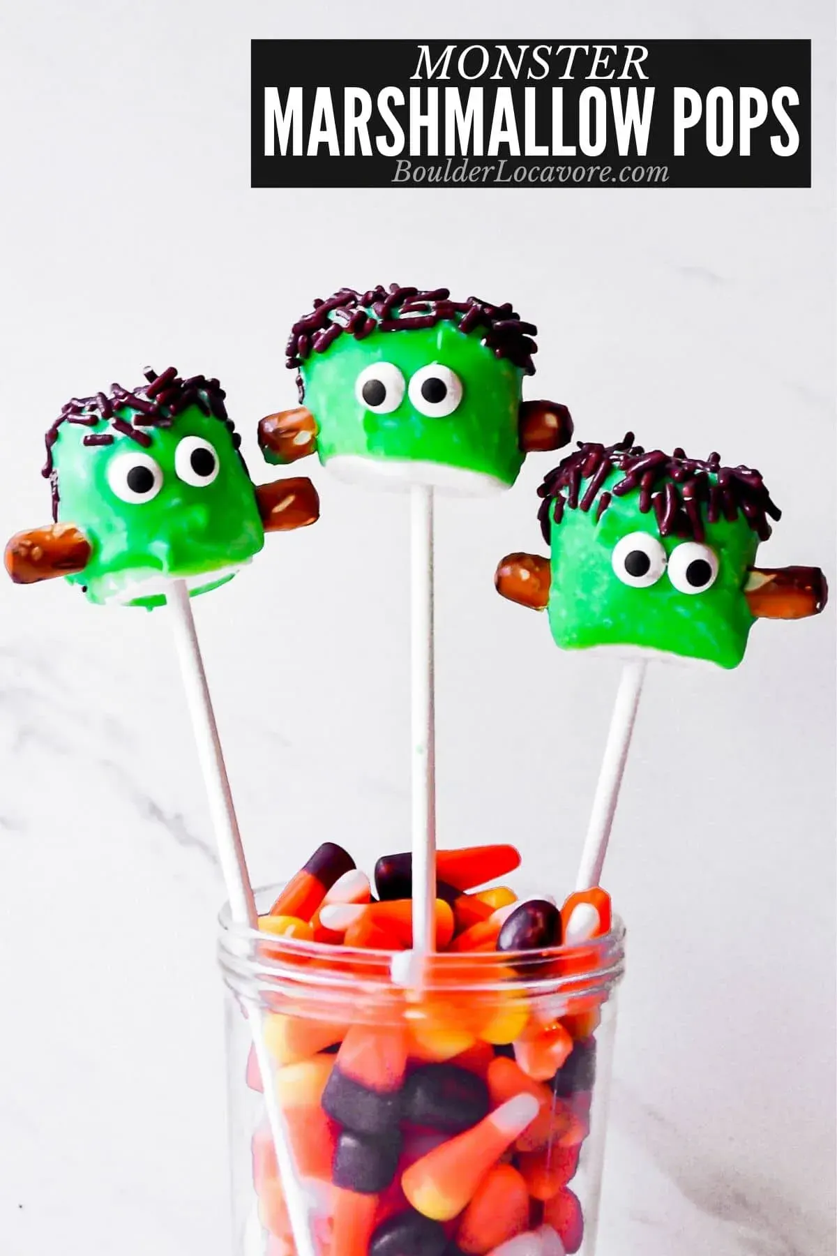 These goofy green marshmallow pops are decorated like Frankenstein's monsterâwith candy eyes, sprinkle âhair,â and pretzel âboltsââa hit with kids and grown-ups alike!