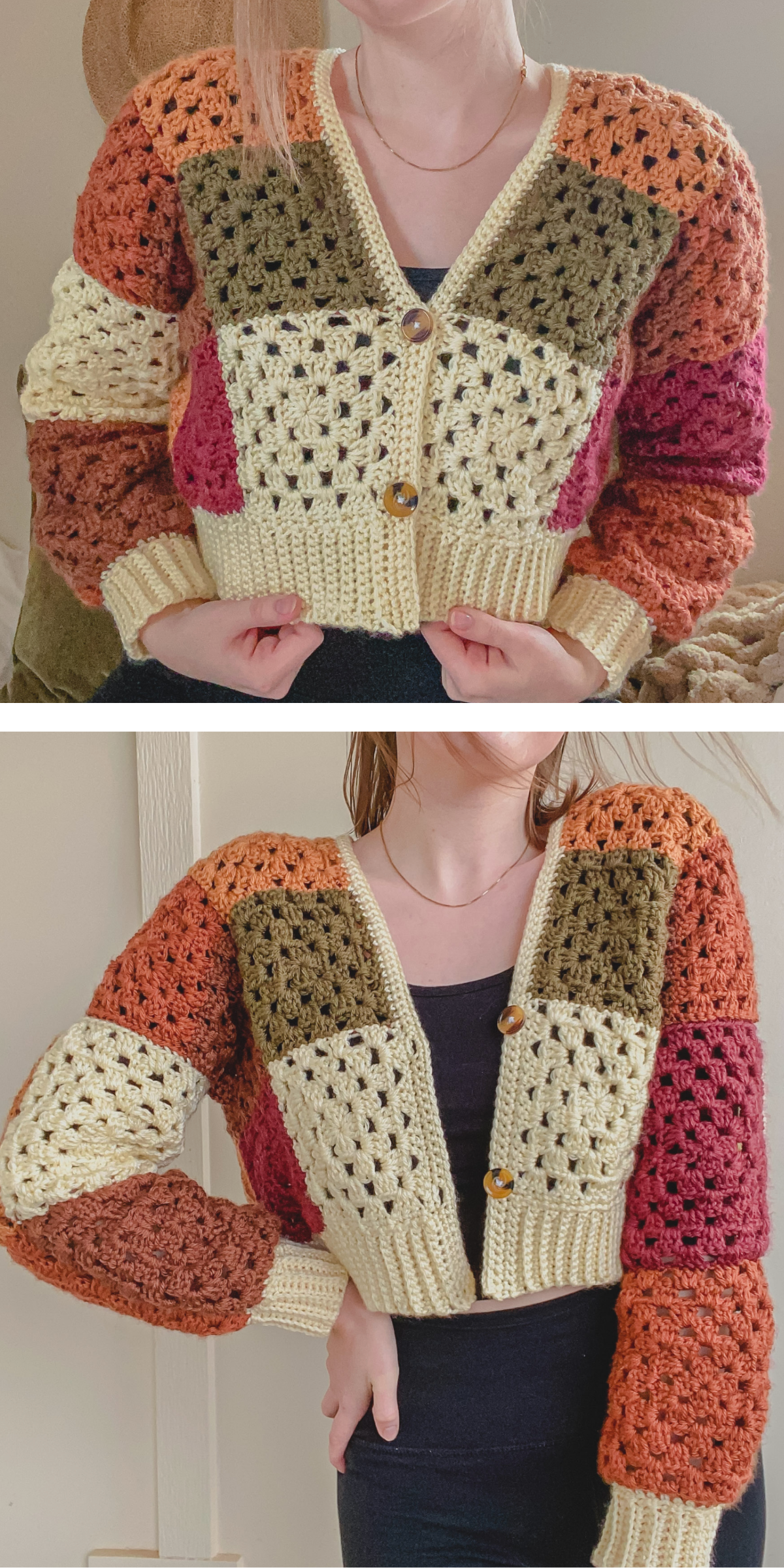 This cozy crochet cardigan, made from classic granny squares, is perfect for layering in the fall. It’s oversized, warm, and stylish, making it an autumn wardrobe essential.