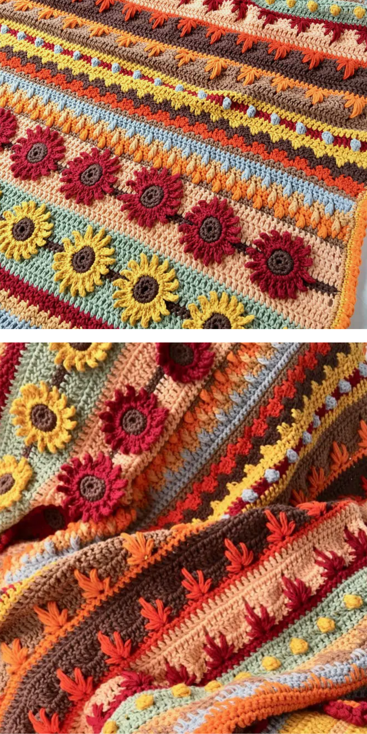 This stitch sampler blanket is a celebration of all things autumn! The different textures and stitches make it an interesting and cozy crochet project that’s perfect for those chilly fall nights.